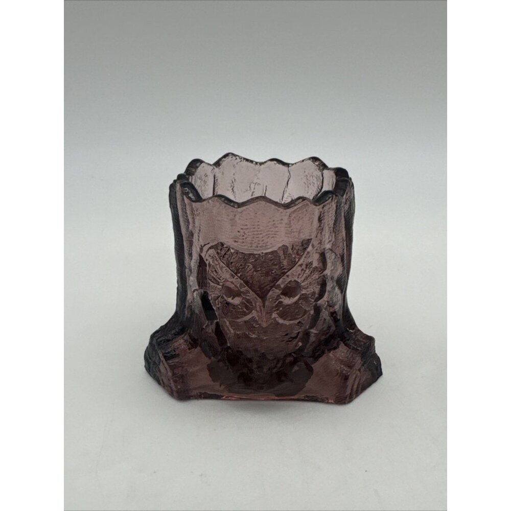 Vintage Amethyst Purple Glass Owl Tree Stump Toothpick Holder UV MCM Sticker